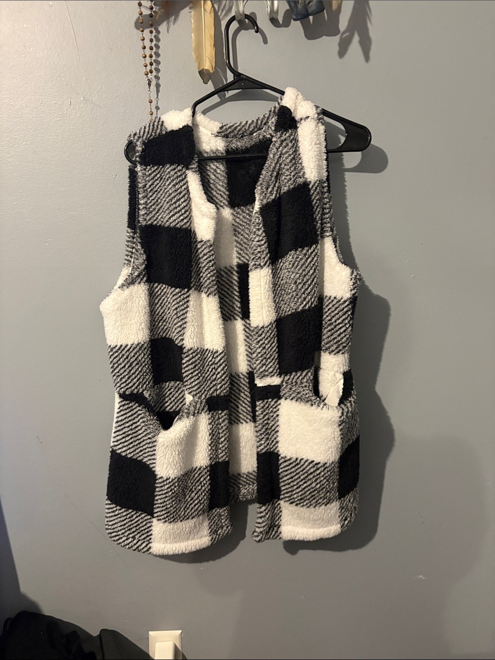 Cozy Black & White Check Plush Vest - Women's
